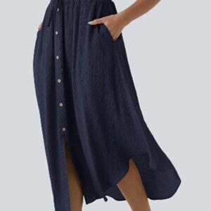 Halara High Waisted Drawstring Pocket Flowy Midi Casual Skirt NWT Maritime Blue